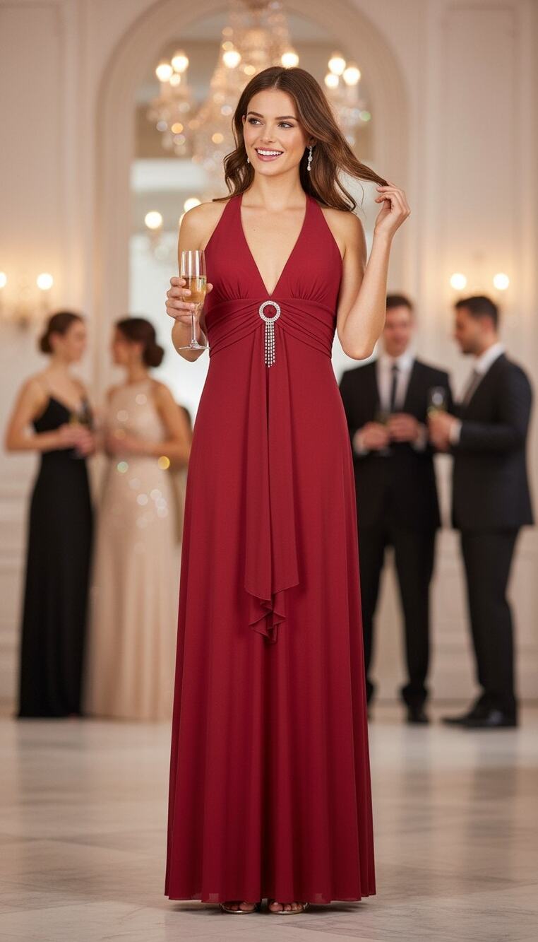 Raspberry Halter Maxi Formal Party Dress 5/6 Rhinestone Evening Gown